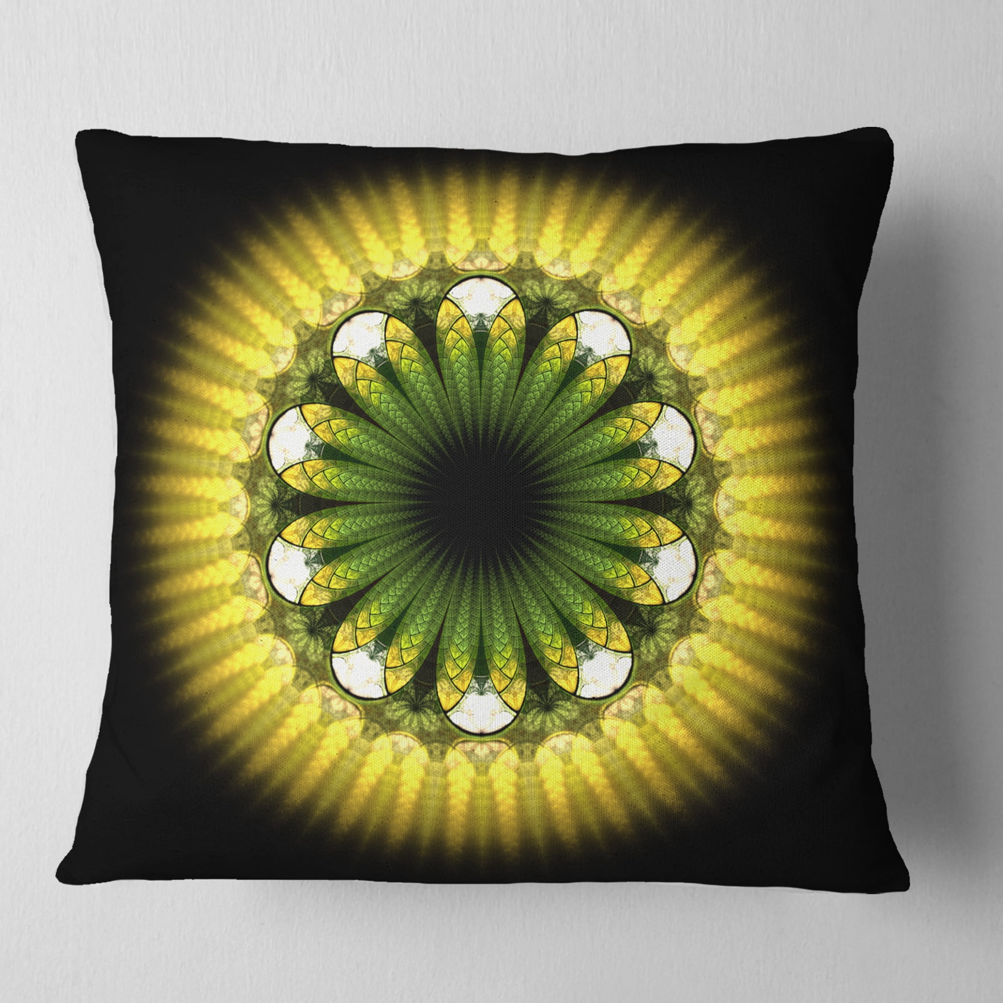 Designart Black Yellow Fractal Flower Pattern - Abstract Throw Pillow - 18x18
