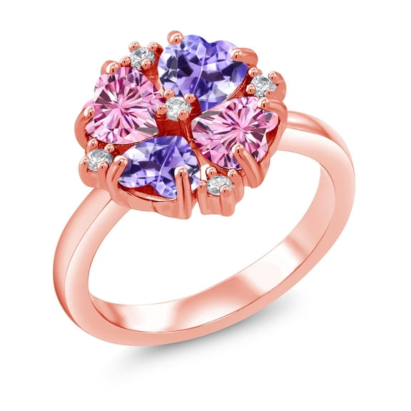 Gem Stone King 18K Rose Gold Plated Silver Pink Moissanite and Blue Tanzanite Ring for Women (2.08 Cttw, Heart Shape 5MM, Gemstone Birthstone, Size 5)