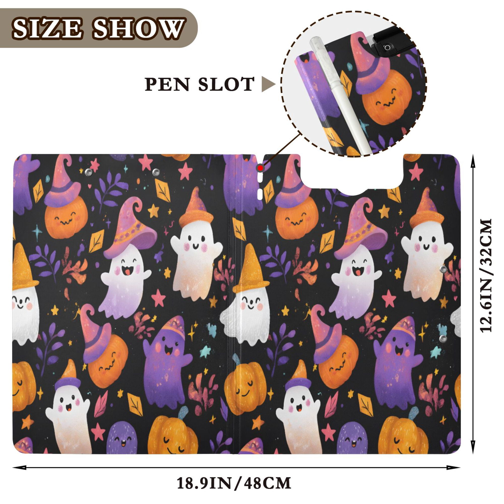 FORMRS A4 Clipboard Folder with Pen Holder Horizontal Foldable School Office Binder, Colorful Ghost Pattern
