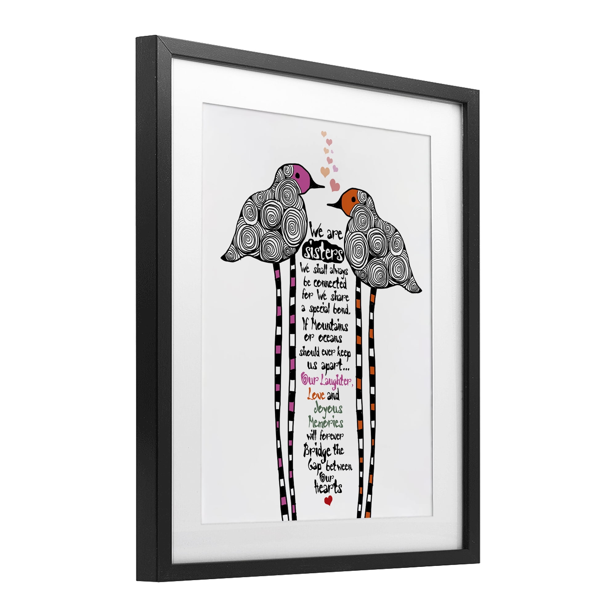 We Are Sisters Bird Duo Black Framed Print Under Glass, design by Suzanne Millius