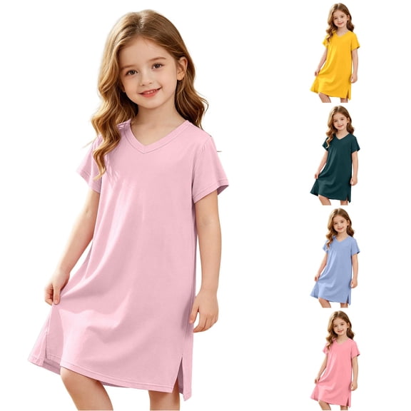 WhouRiu Girls Summer Solid Color Nightgown Casual Short Sleeve V Neck A Line Sleep Dress