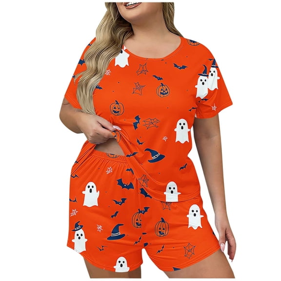 Iyufng Women's Plus Size Halloween Print Pajama Sets Short Sleeve Pullover Top and Shorts 2 Piece Set for Home Wear