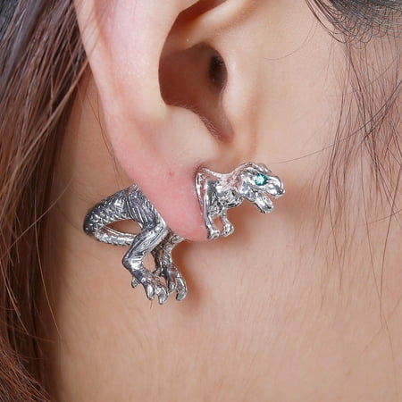 - SEXY SPARKLES Sexy Sparkles Dinosaur 3D Double Sided Ear Stud Earrings for Women Silver Tone with Green Rhinestones