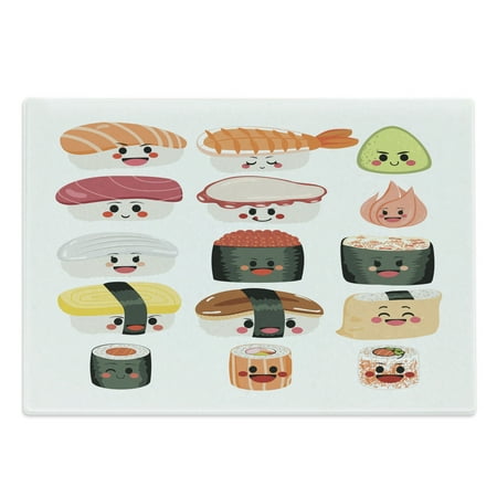 

Wasabi Cutting Board Funny Cartoon Sushi Characters with Various Facial Expression on Plain Backdrop Decorative Tempered Glass Cutting and Serving Board in 3 Sizes by Ambesonne