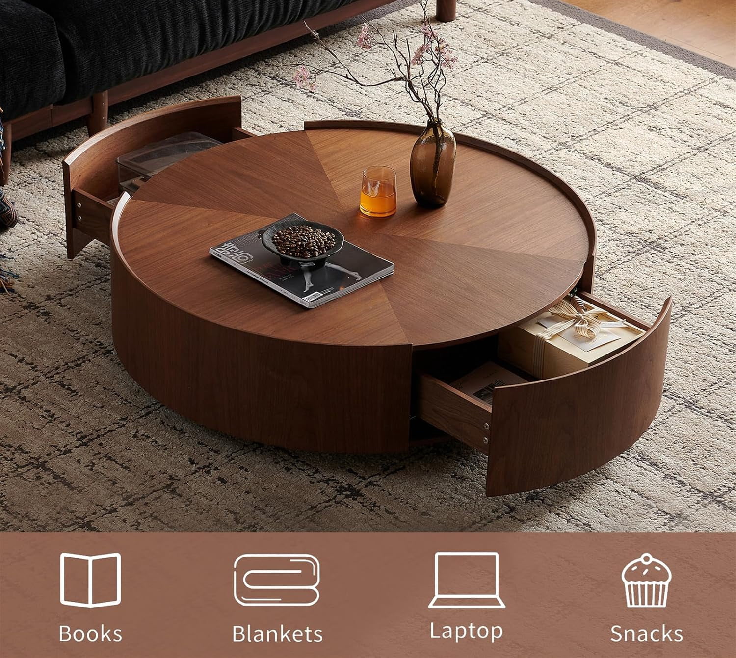 GUCOGUKA 39.3" Round Wood Coffee Table with Storage Drawers, Solid Wood Veneer Mid-Century Modern Fully Assembled for Living Room Office, Walnut