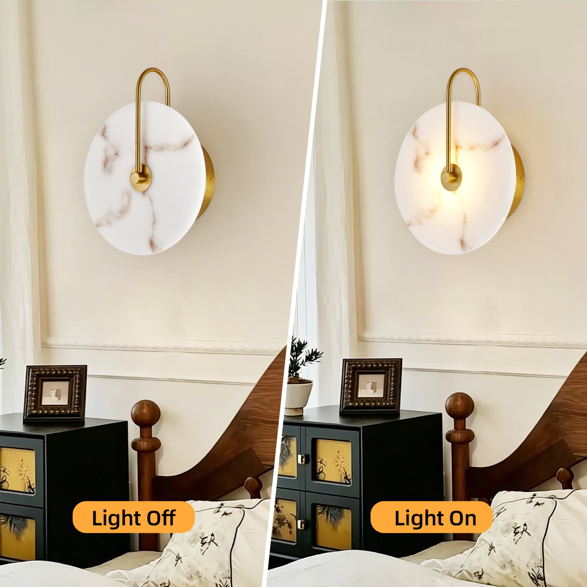 Leumius Round Wall Sconce, Natural Marble Lampshade Wall Sconce, Hardwired Circular Sconce LED Modern Wall Lamp for Bedroom, Stairs, Living Room, Bedside, Hallway
