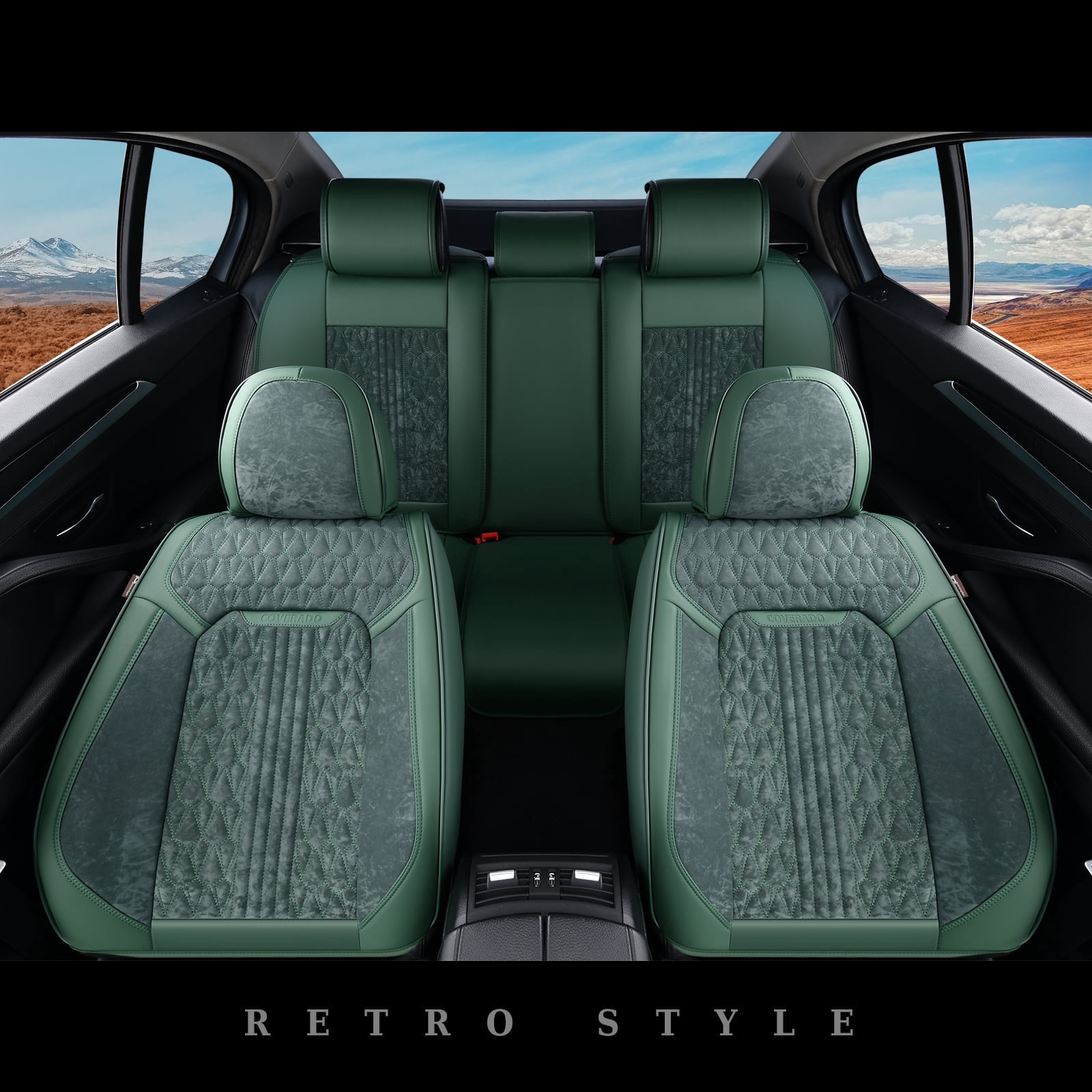 Coverado Full Set Car Seat Covers, Front and Back Seat Protectors, Faux Leather & Flannel Fashion Auto Accessories, Universal Fit Most Cars, SUVs Pickup Trucks, Green