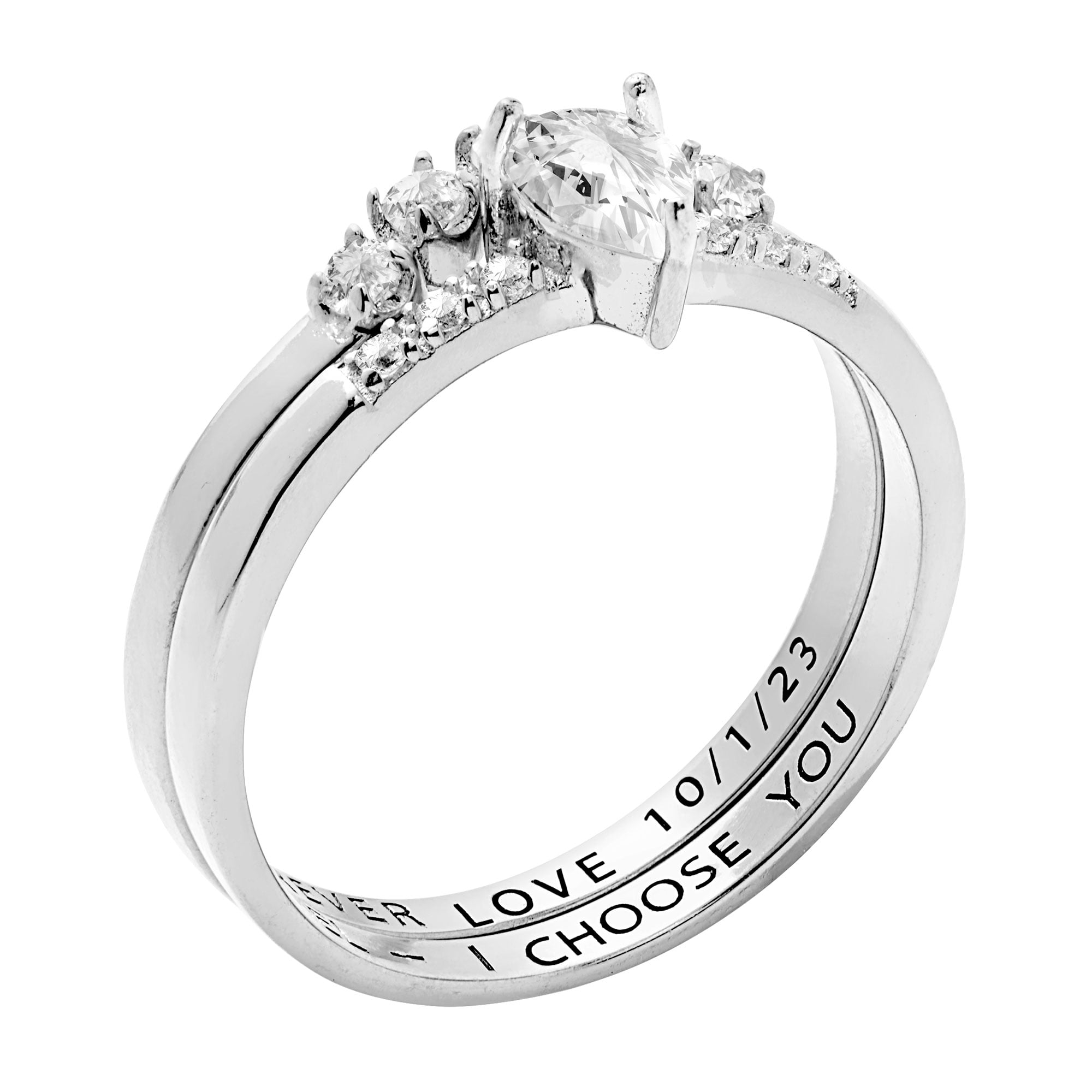 Vow & Forever Personalized Planet Bridal Platinum over Sterling Silver Pear White Topaz 2 Piece Engraved Wedding Set ,Women's