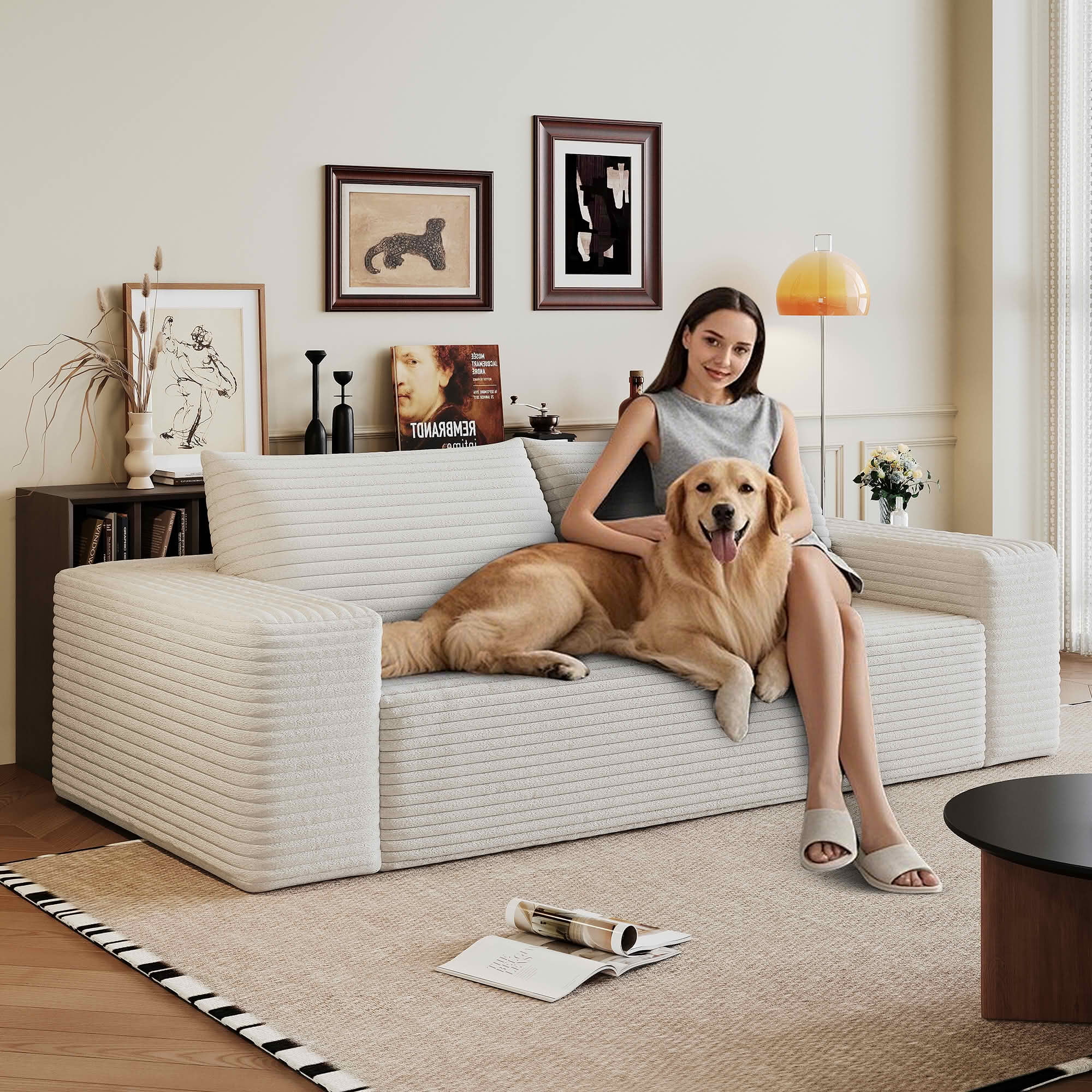 MAYEERTY 71" 3Setaser White Cotton Corduroy Loveseat Sofa, Cloud-Like Soft Deep Seat Ergonomic Lounge, No Assembly – Perfect for Cozy Nights in Living Room/Bedroom