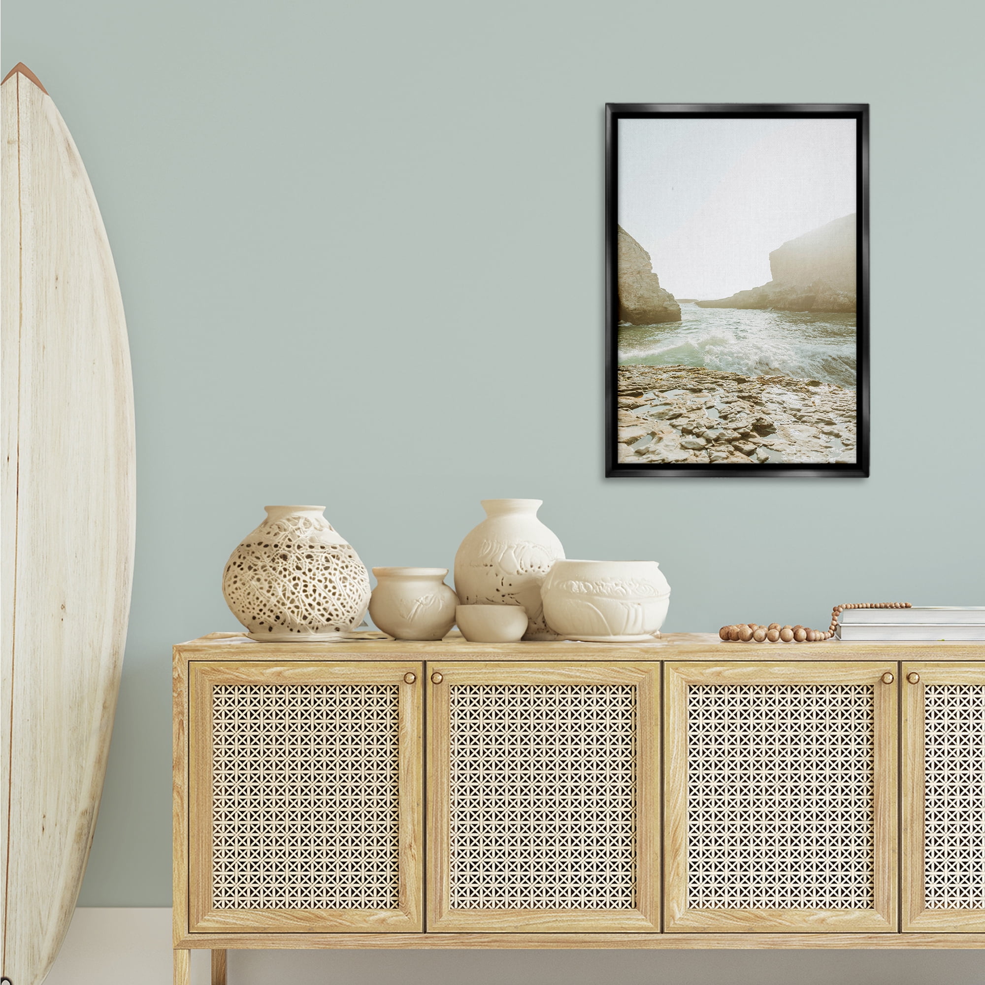 Stupell Industries Rocky Beach Cove Landscape Photography Black Floater Framed Canvas Art Print Wall Art, 21 x 31