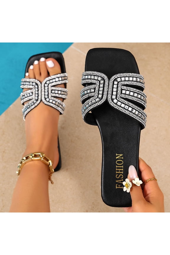 Flat Sandals for Women Trendy Square Open Toe Slip On Slides Sparkly Rhinestone Embellished Straps Dressy Summer Shoes Bling Beach Footwear Casual Vacation