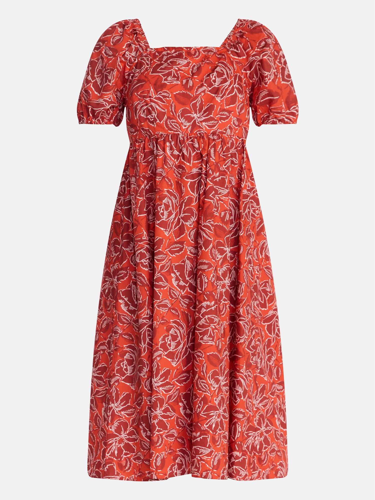 Time and Tru Women's and Women's Plus Cotton Back Tie Midi Dress with Short Puff Sleeves, Sizes XS-4X