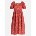 thumbnail image 4 of Time and Tru Women's Tie Back Cotton Midi Dress with Short Puff Sleeves, Sizes XS-XXXL, 4 of 4