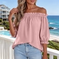 thumbnail image 2 of Tqcoqu Women's Solid Off Shoulder Ruffle Elastic 3/4 Puff Sleeve Blouse,Loose Flowy Summer Casual Pullover Top,Pink Women's S-XXL, 2 of 8