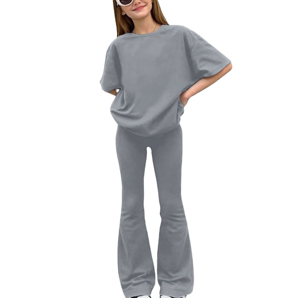 Conjuntos de blusas y camisas de cuello redondo y manga corta para niños, camisetas de manga corta de color liso y pantalones largos, conjunto de dos piezas para niñas, top de poliéster