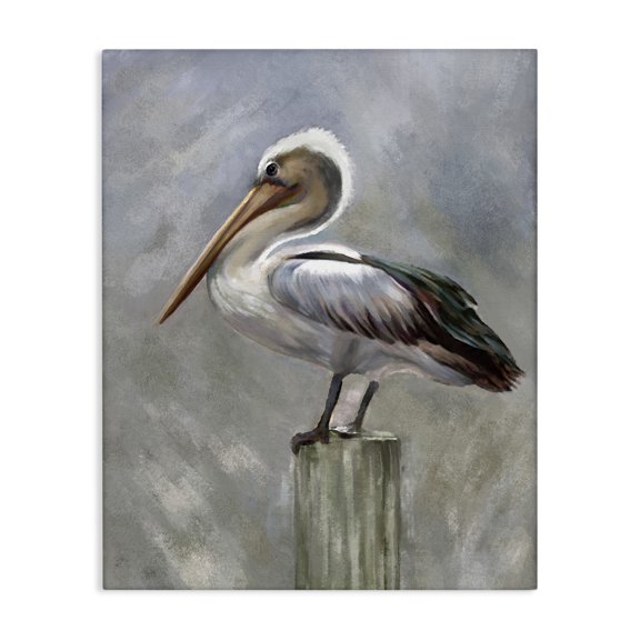 Stupell Industries Rustic Lodge Pelican Resting on Wooden Pillar Soft Grey Canvas Art, 24 x 30, by Heather Hayes