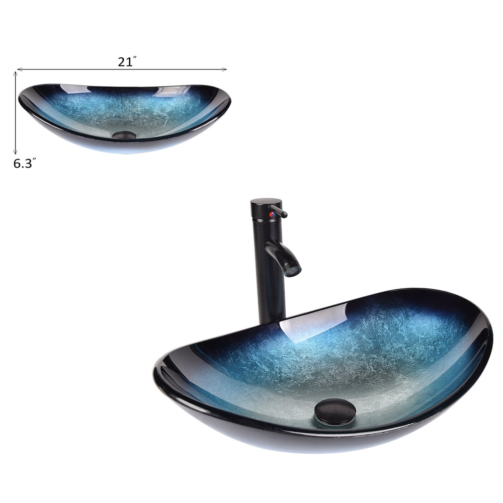 FULLWATT Boat Shape Bathroom Artistic Glass Vessel Sink Free Oil Rubbed Bronze Faucet and Pop-up Drain,Blue