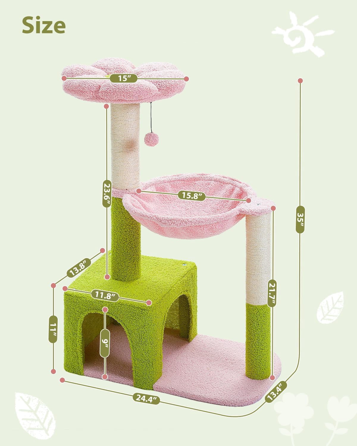 Flower  Tree with Large Metal Frame Hammock, 35" Cute  Tower with Sisal Scratching Posts for Small Indoor Cats,  Condo with Pink Top Perch for Kittens