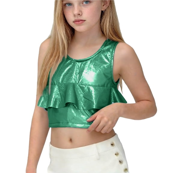 Caywon Girls Sequin Ruffle Tank Top Sleeveless Round Neck Holographic Shiny Crop Top Kids Party Costume Carnival Festival Performance Dance Wear Toddler Youth Blusa Brillante 5-14 Years
