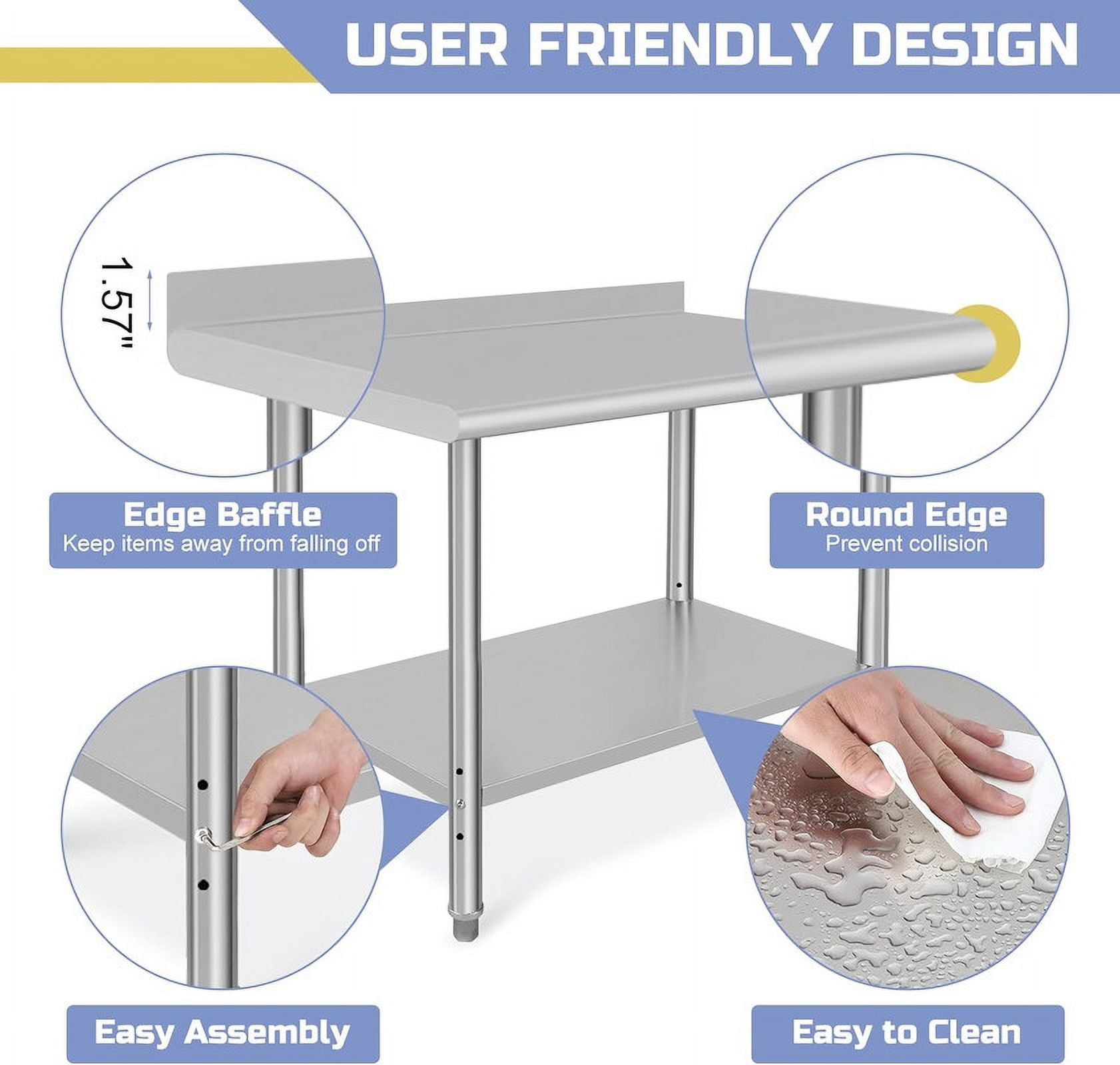 Stainless Steel Prep Table 48 x 24 Inch, Heavy Duty Commercial Kitchen Table with Backsplash & Shelf
