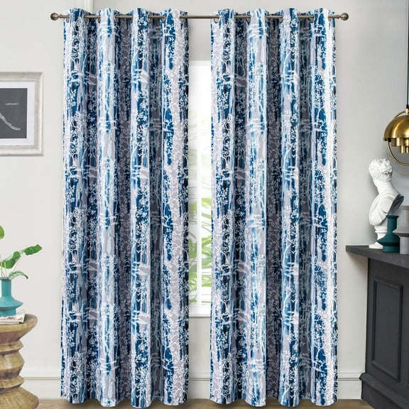DriftAway Carol Tree Branches Leaf Botanical Print Pattern Lined Thermal Insulated Blackout and Room Darkening Grommet Window Curtains, 2 Panels, 52" x 84", Navy and Gray