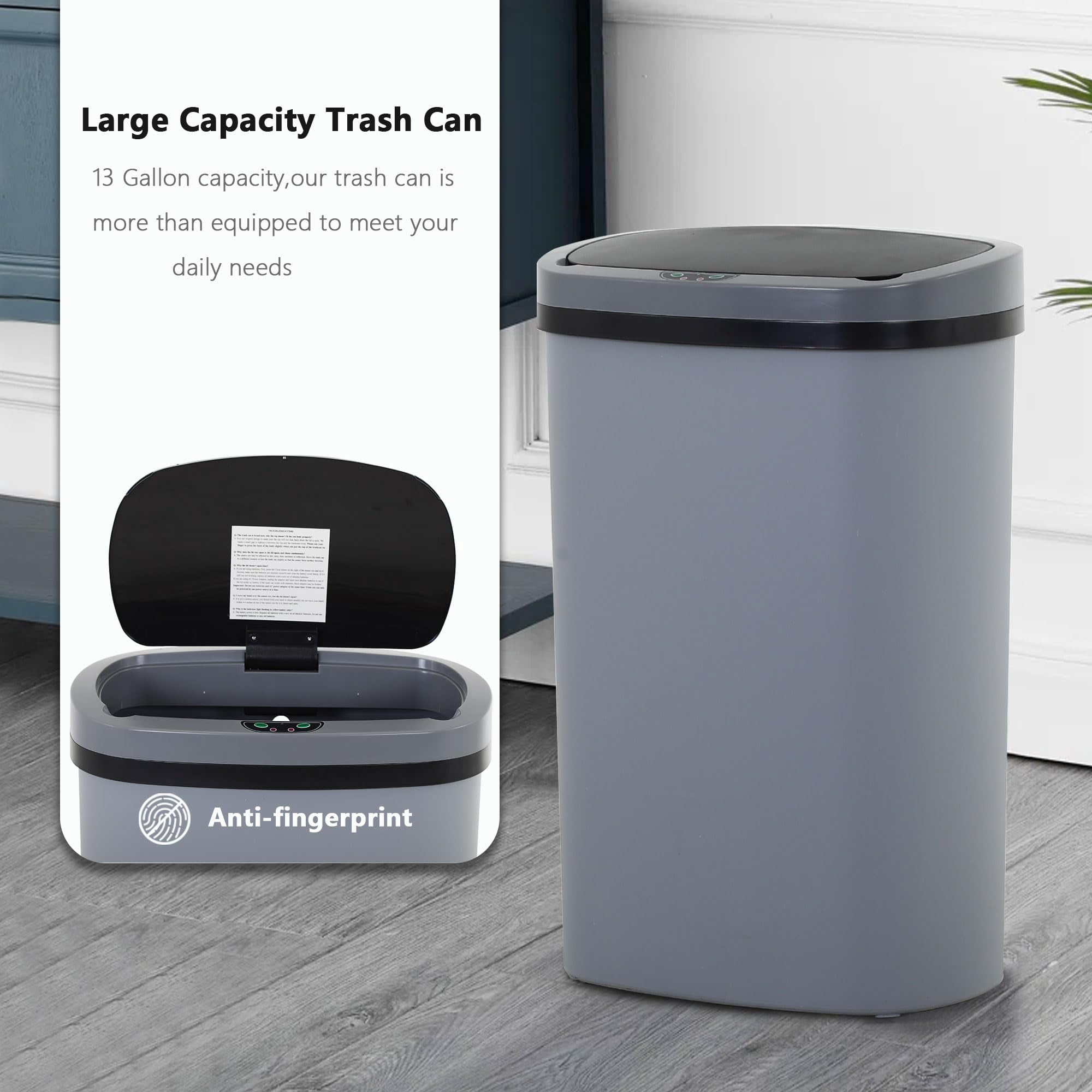 CL.HPAHKL 13 Gallon Trash Can with Lid, 50 Liter High-Capacity Broken-Resistant Plastic Garbage Can Touchless Motion Sensor Trash Can Smart Trash Can for Home Kitchen Bedroom Office (1, Gray)