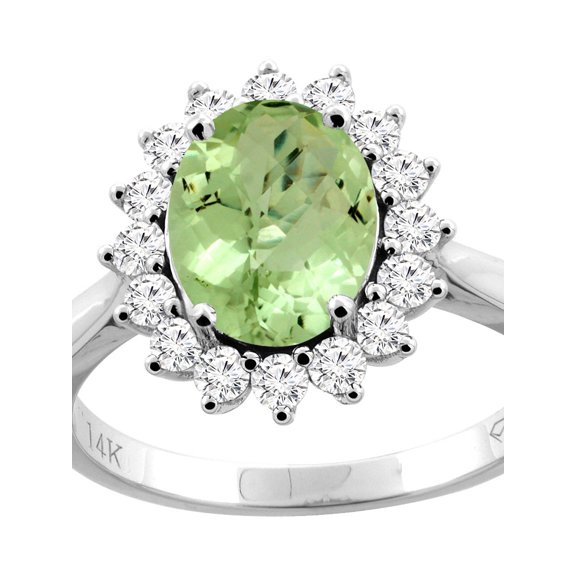 14K White Gold Natural Peridot Ring Oval 9x7 mm Diamond Accents, size 8