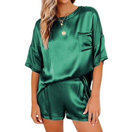 

Fullvigor Women Satin Silk Round Neck T-shirts Short Pants Pajamas Set