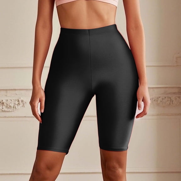 High Waist Neon Shiny Knee Length Workout Running Shorts For Women Sports Yoga Sessions Athletic Apparel, L, Black