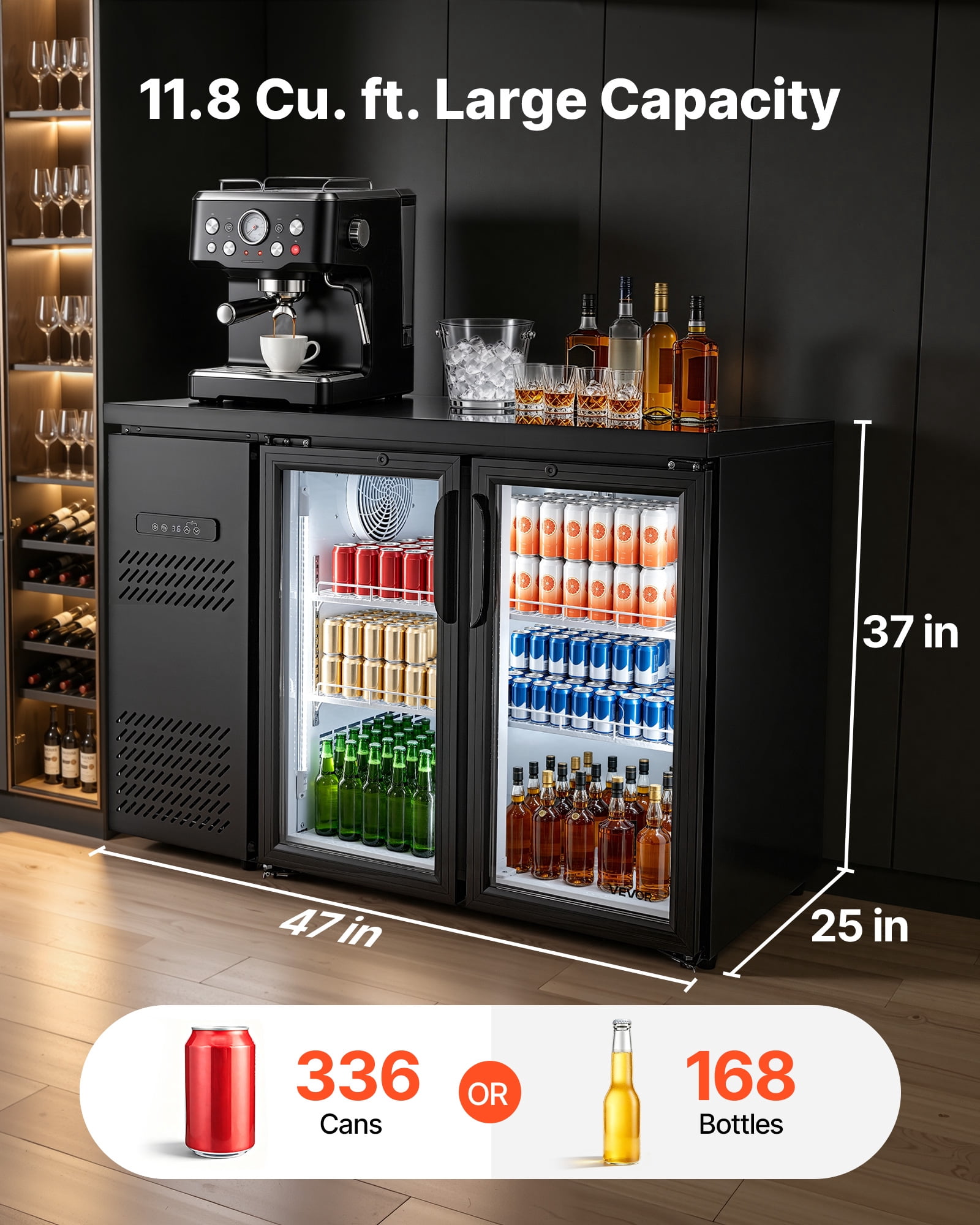 VEVOR Back Bar Cooler, 11.8 Cu. Ft Counter Height Beverage Refrigerator, Commercial Display Fridge w/ 2 Glass Doors, LED Lighting, Shelves, Fan Cooling Beer Wine Cooler for Pub, Merchandiser, Office