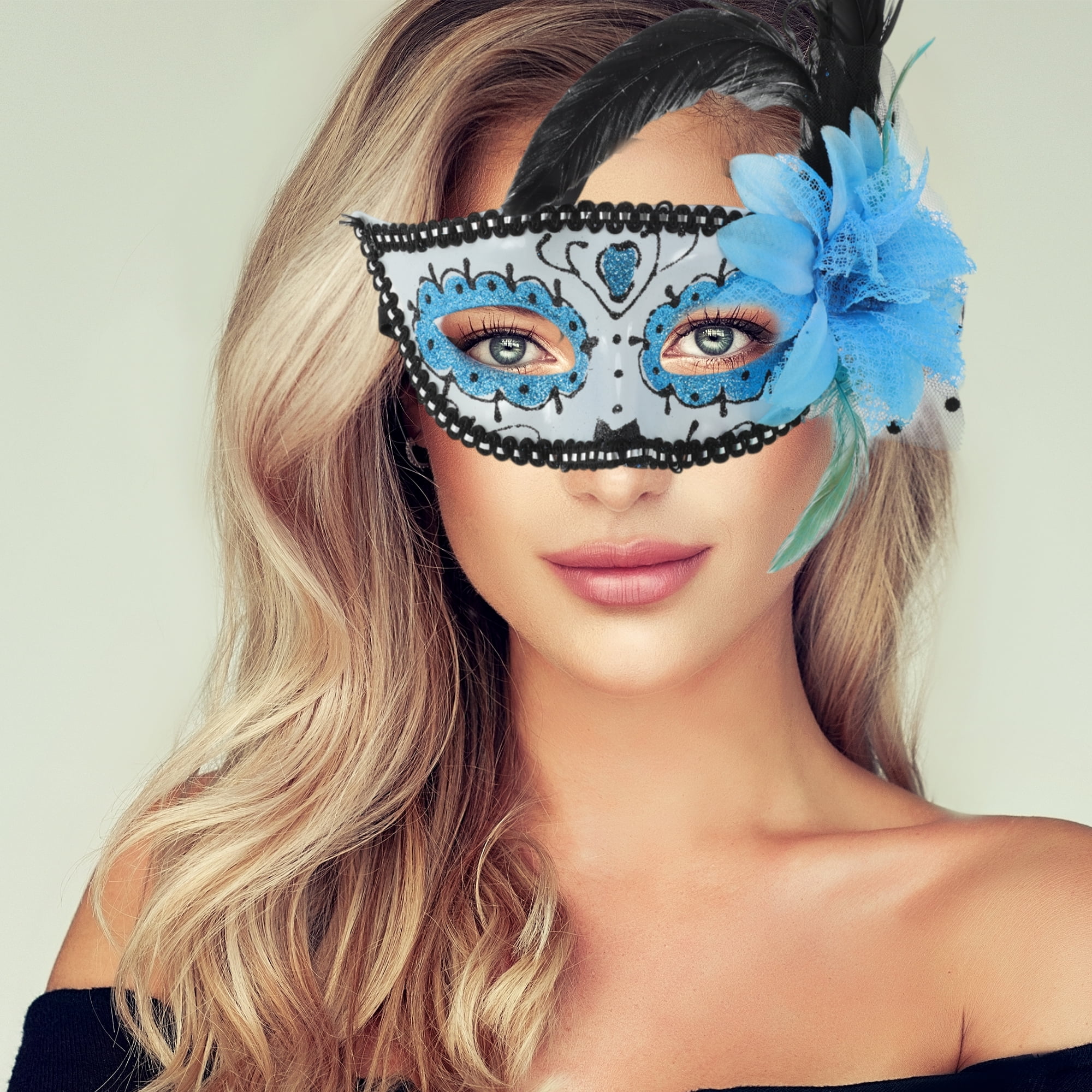 Unique Bargains 1 Box Elegant Feather King Half Face Party Mask Blue