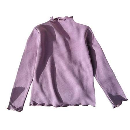 Girls Lace Trim Stretch Long Sleeve Base Layer Solid Color Lace Sweet Style Top Purple 3 Y -4 Y