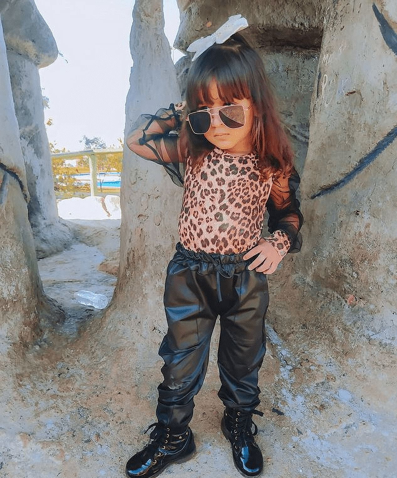 2-piece Toddler Girl Ruffled Long-sleeve Ribbed Black Top and Leopard Print Mesh Design Flared Pants Set