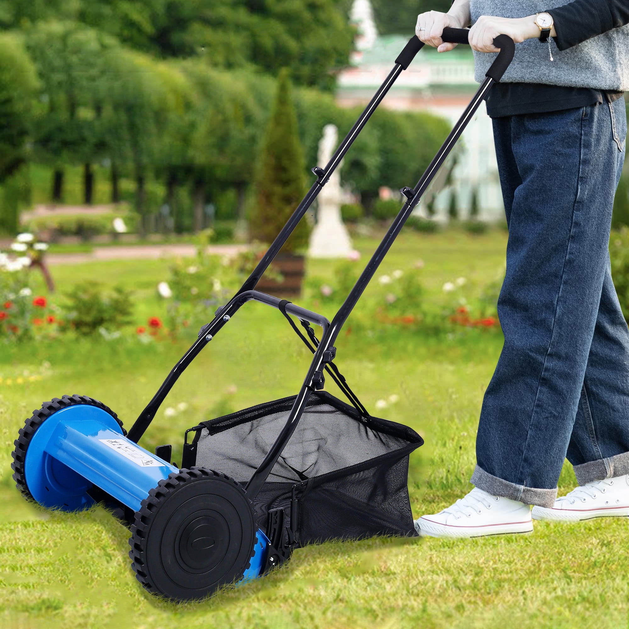 CASEMIOL 14" 5-Blade Manual Push Reel Lawn Mower with Grass Catche, Blue