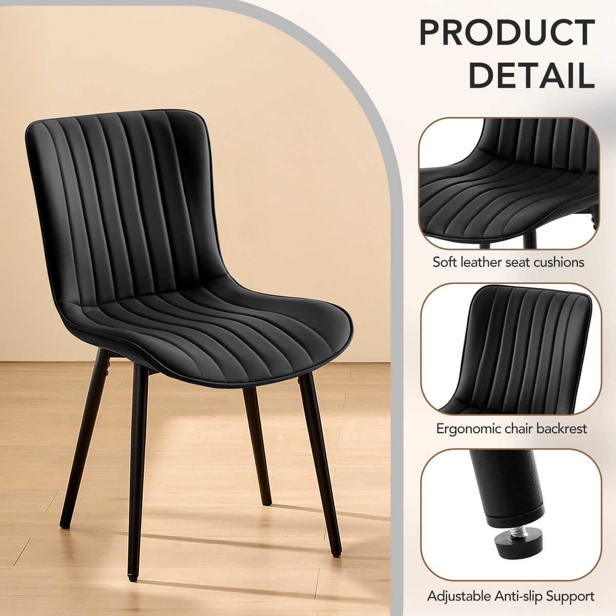 L'AGRATY Modern Dining Chairs Set of 6, PU Leather Upholstered Side Chairs with High Backrest, Kitchen Chair,Heavy Duty, Cushions & Durable Metal Legs for Kitchen, Dining Room,Restaurant,Black