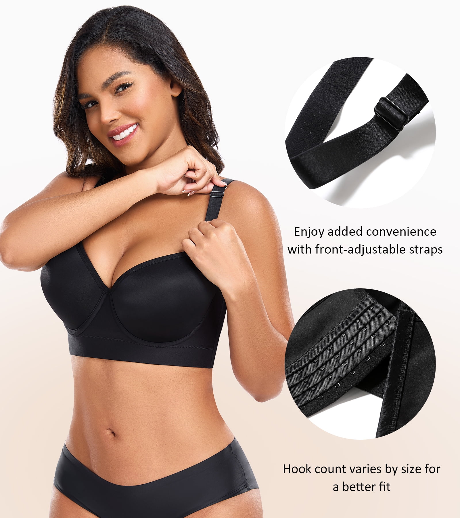 Exerin Women's Push Up Underwire Full Coverage Sculpting Uplift Support Hide Back Fat Bra(38D,Black)