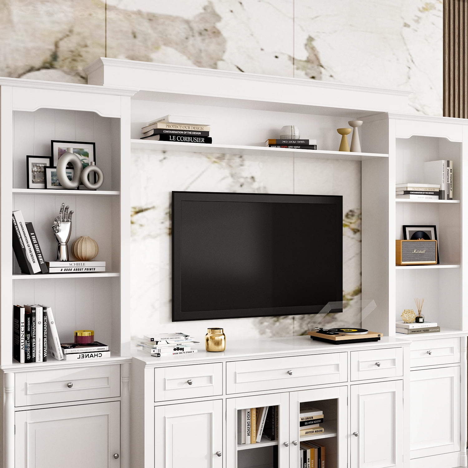 KULAGAGA  104.3"W 4-Piece Entertainment Center Wall Unit Set For TVs Up to 65", Modern TV Stand Large Media Console Cabinet with 13 Shelves, 5 Drawers & Countertop,White
