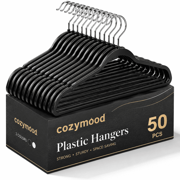 Cozymood Heavy Duty Plastic Hangers 50 Pack, Slim Clothes Hangers with 360° Swivel Hook & Non-Slip Saving Closet Hangers,Black