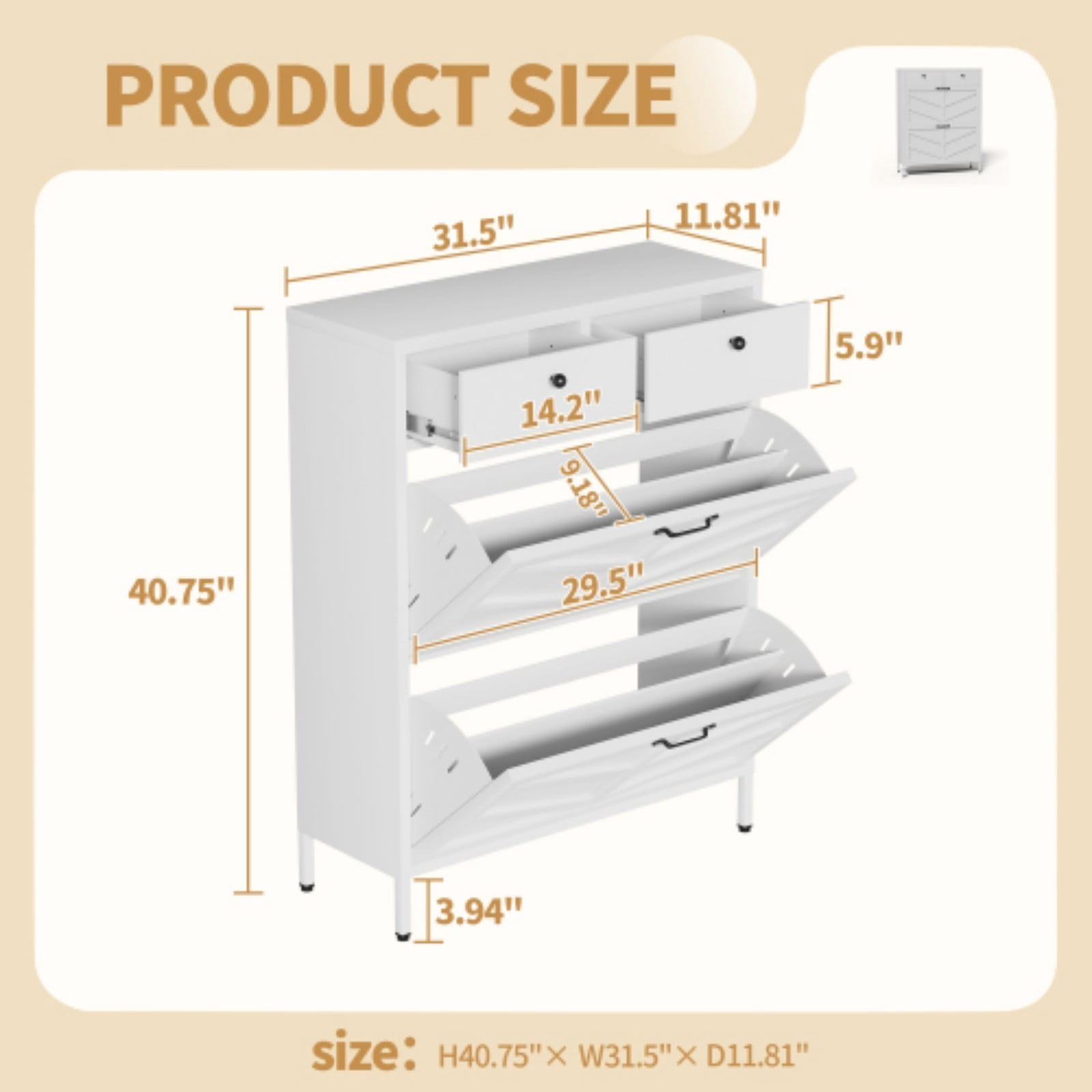 Metal Shoe Cabinet with 2 Flip Drawers & 2 Upper Drawers, Slim Entryway Storage Cabinet with Anti-Tip Device, Freestanding Hallway Shoe Organizer for Small Space, White