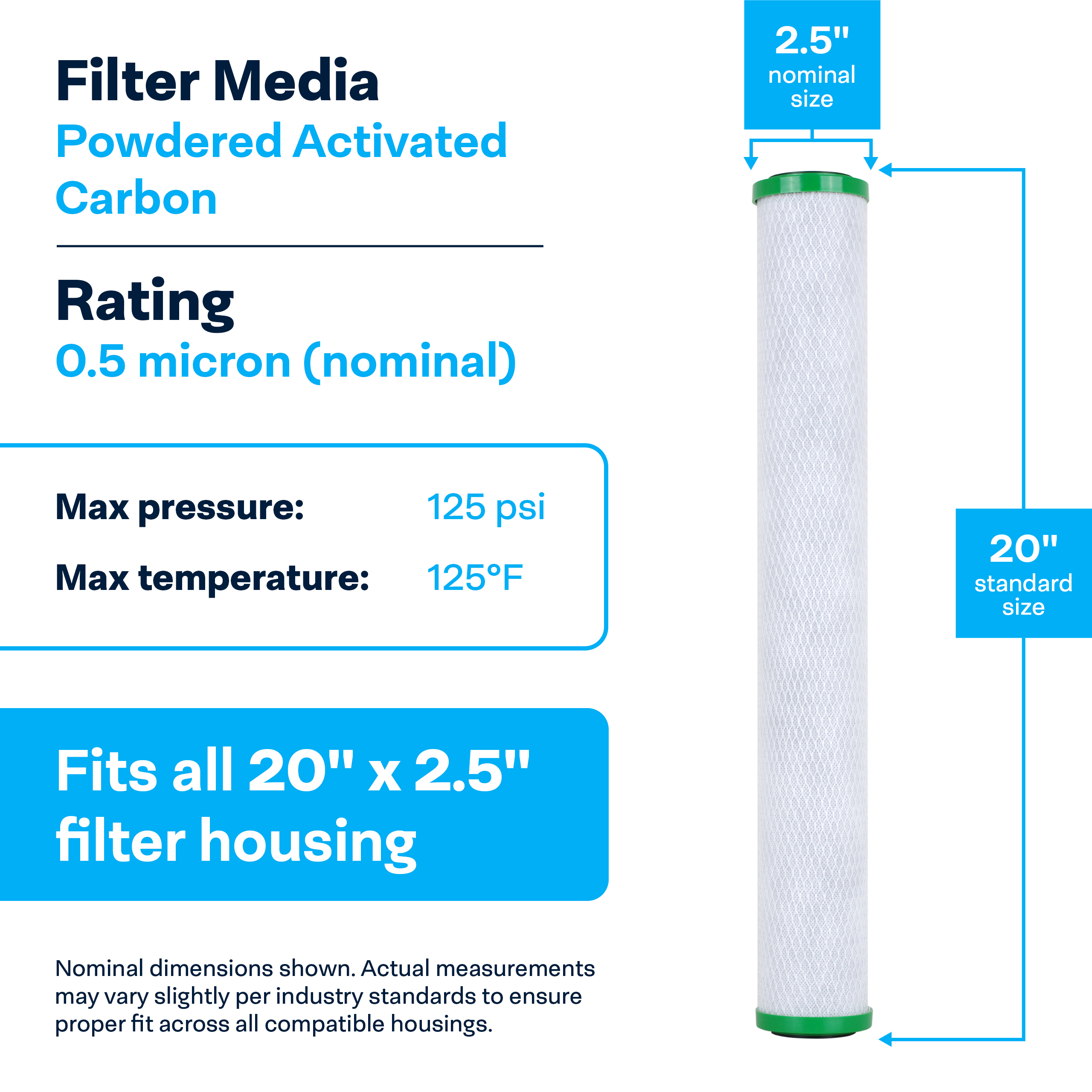 SpiroPure SP-CBR2-20 20x2.5 0.5 Micron NSF Certified Coconut Shell Carbon Block Water Filter Cartridge CBC-20 155309-43 SMCB-2520 (Case of 6)
