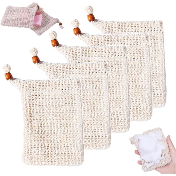 5-Pack Soap Bags, Natural Sisal Exfoliating Soap Saver Bags with Drawstring, Reusable Mesh Pouch for Shower and Bath, Plastic-Free Foaming and Drying Soap Holder