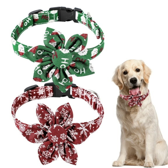 Duuclume 2 Pack Christmas Dog Collar with Bow tie, Red & Green Adjustable Santa Snowflake Dog Collars (S)