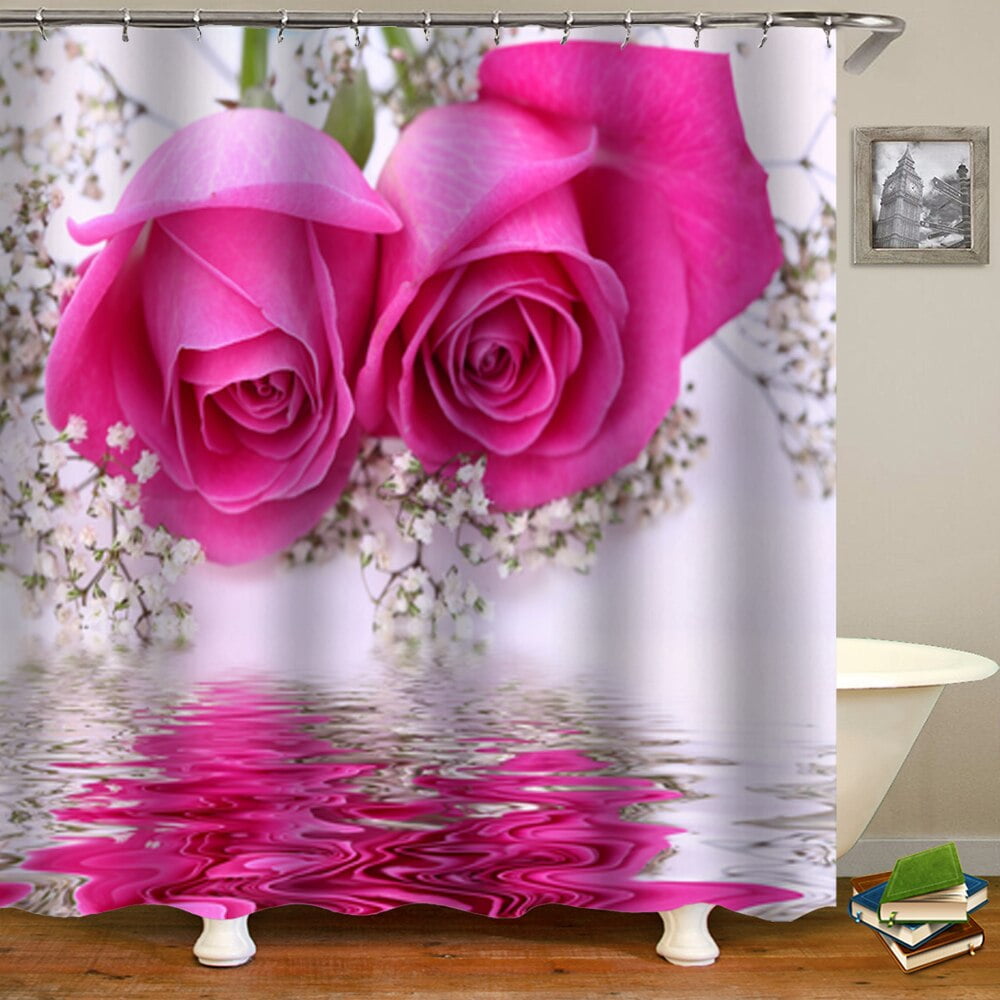 Colorful Rose Shower Curtain Pink Flowers Plant Waterproof Fabric