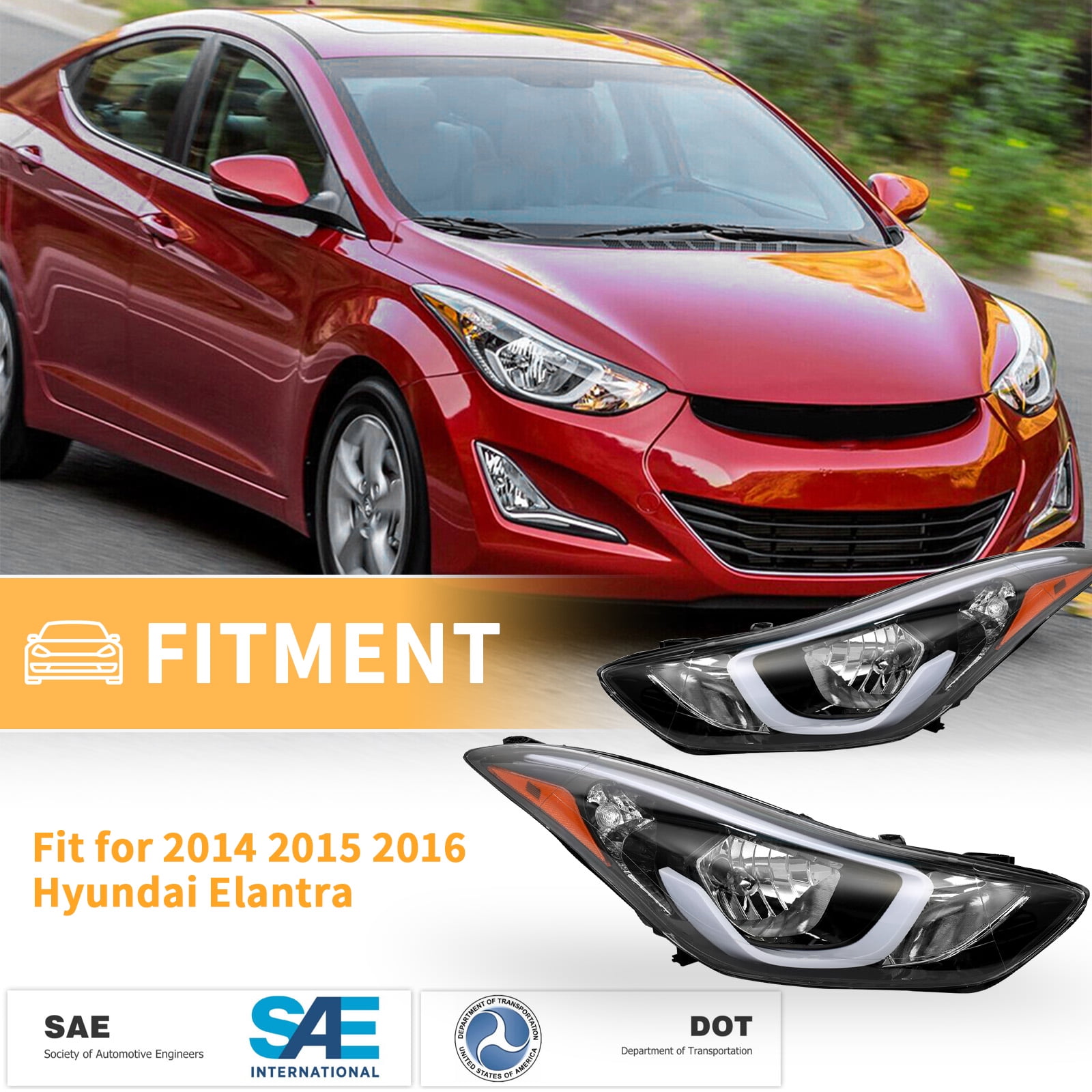 Sennachine Pair 2014 2015 2016 Hyundai Elantra Headlight Assembly Left & Right Side W/ Bulbs