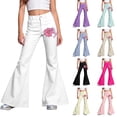 thumbnail image 2 of LRen Flare Pants for Girls Pink Ribbon Wide Leg Pants Girls Bootcut School Uniform Slacks Elastic High Waisted with Pockets Casual Trousers for Tween Girls Age 9-10 Years, 2 of 6