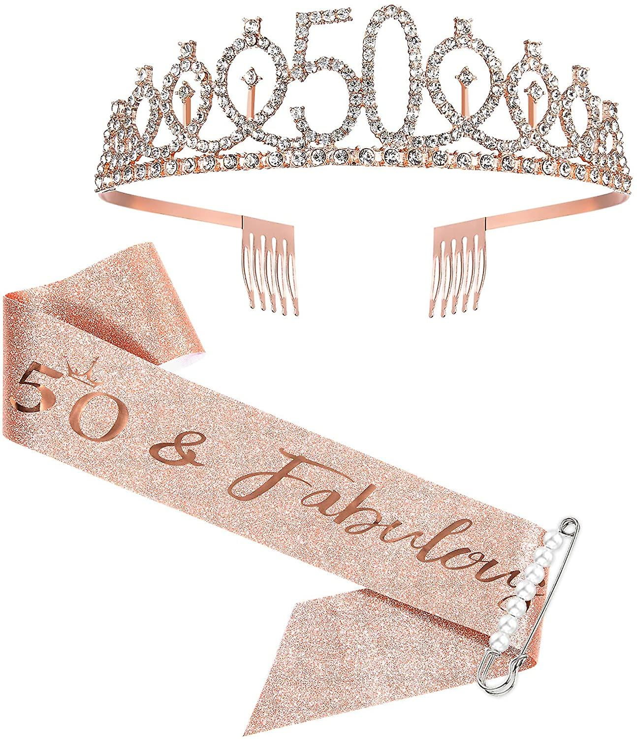 Tianlu 50th Birthday Sash And Tiara For Women, Rose Gold Birthday Sash