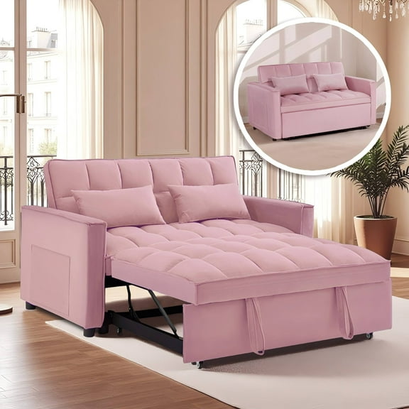 Gewnee 54" Modern Convertible Velvet Futon Sofa Bed with Pull-Out Bed,Sleeper Loveseat Sofa Couch with Adjsutable Backrest For Living Room,Office (Pink)