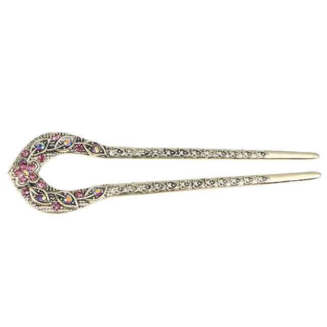 Pasador de pelo de doble punta en forma de U, moño de cristal, accesorio de peinado para mujeres y niñas (púrpura)