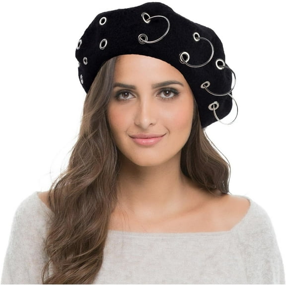 YooGuoGuo French Beret Hats Punk Iron Ring Beret for Women Fashionable Black