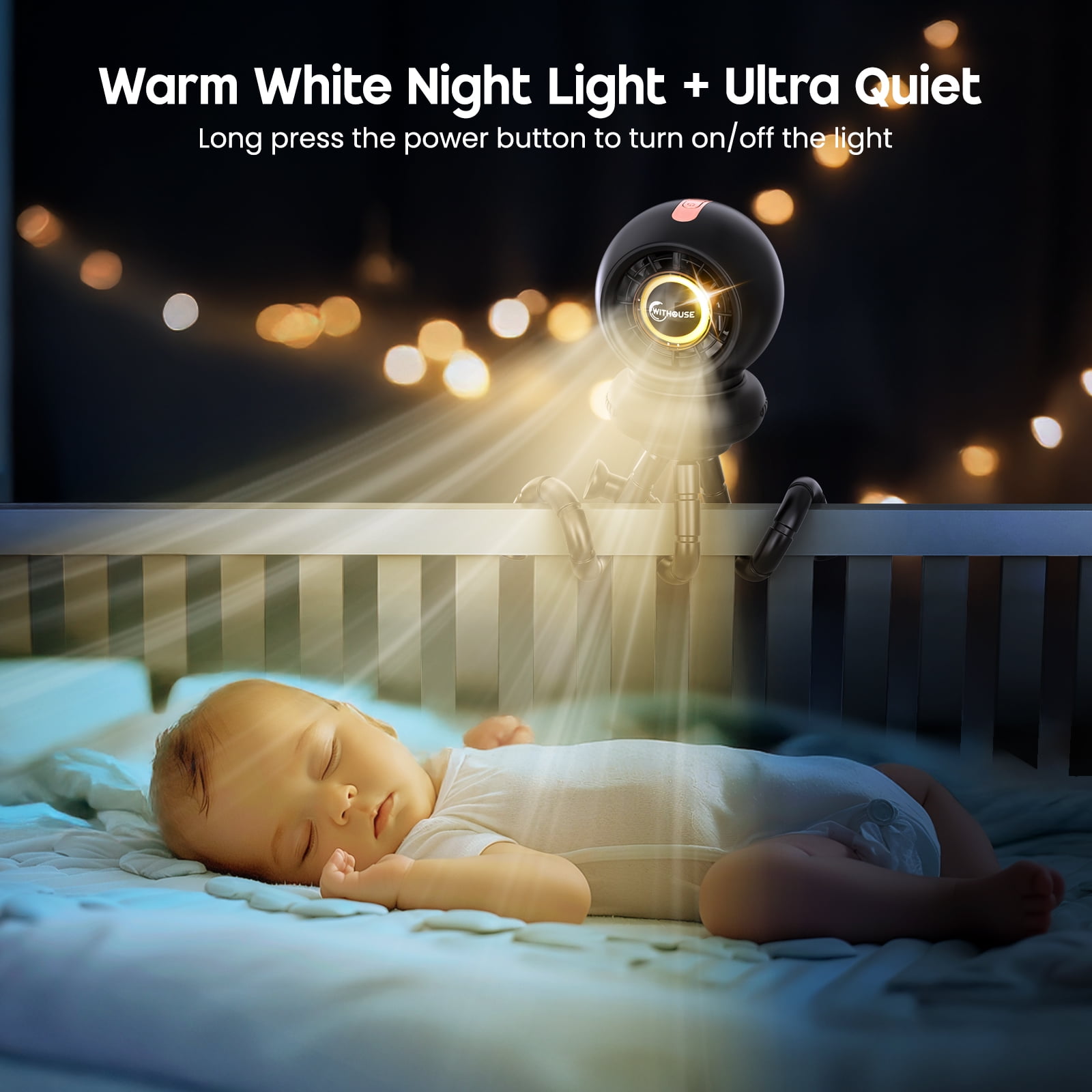 WITHOUSE Battery Operated Stroller Fan Large ,8000mAh Rechargeable Fan,  75° Auto Oscillation Portable Fan for Stroller, 4 Speeds with Natural Wind,5-12H Runtime, Detachable Base & LED Display